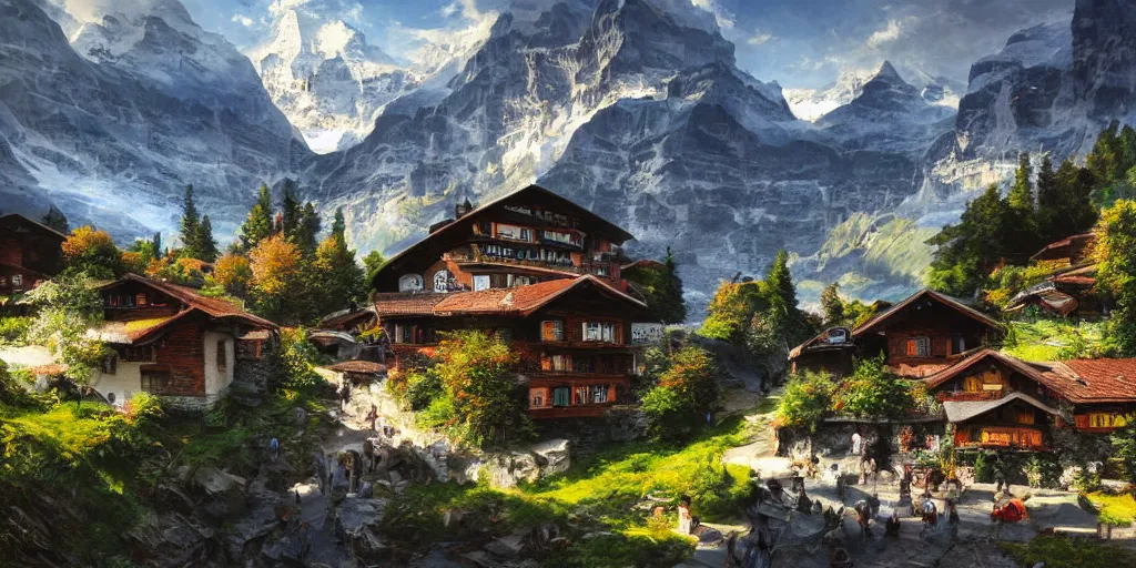 Image similar to switzerland wengen beautiful landscape, ultrafine highly detailed hyper colorful illustration, sharp focus, rozalski, craig mullins, unreal engine highly rendered, global illumination, radiant light, intricate and detailed environment