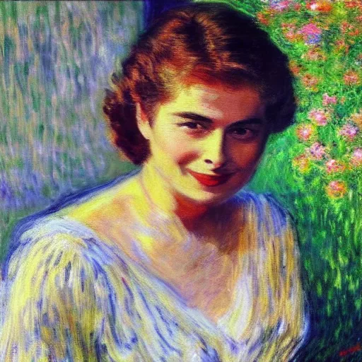 Prompt: portrait of a young ingrid bergman by claude monet, impressionist, hd, beautiful, glamorous, award winning, 4 k