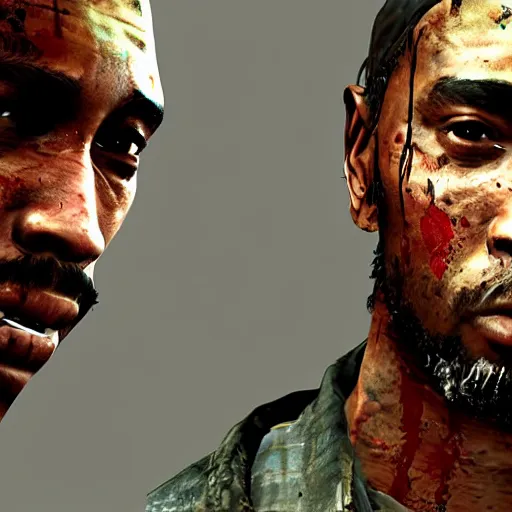 Image similar to TLOU The Last Of Us Screenshot tupac shakur from The Last Of Us full body model tupac shakur very rusty very worn out very torn texture