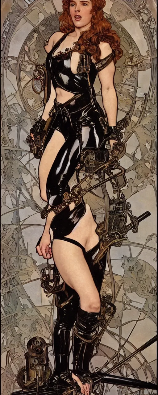 Image similar to striking sensual industrial art nouveau style portrait of kitty pryde as an extreme metal soldier by glenn fabry, simon bisley and alphonse mucha, photorealism, extremely hyperdetailed, perfect symmetrical facial features, perfect anatomy, ornate declotage, spikes, latex, excited expression, wild eyes