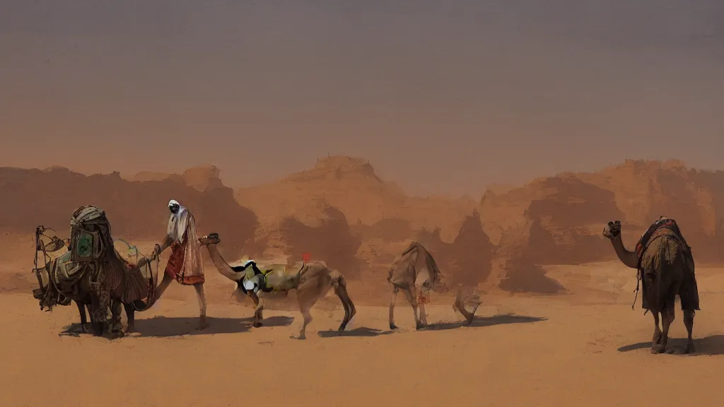 Image similar to desert landscape with arabian merchant with colored bags feeding a camel, rule of thirds, watercolored, jakub rozalski, dark colours, dieselpunk, artstation