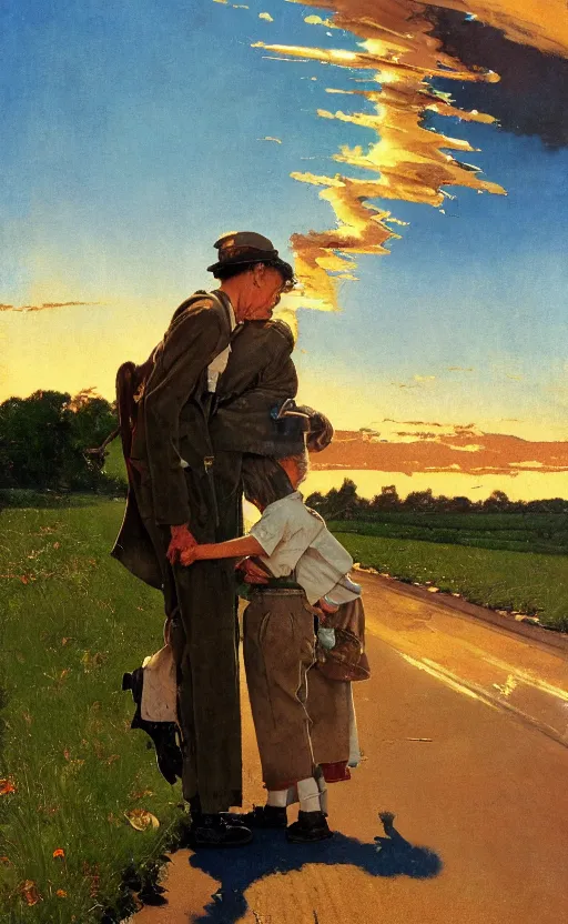 Image similar to paperback book cover by norman rockwell. 1 9 5 0 s. pure colors, melting clouds, accurately drawn details, a sunburst above a receding road with the light reflected in furrows and ruts, after rain. photorealistic. octane render. cinematic. trending on artstation. textless.