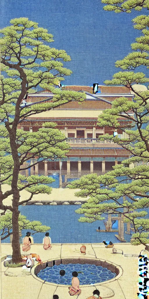 Image similar to a beautiful ancient greek bathhouse in the spring by hasui kawase