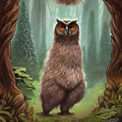 Prompt: three quarter portrait of an owlbear in the forest, d & d, fantasy, magali villeneuve, - n 9