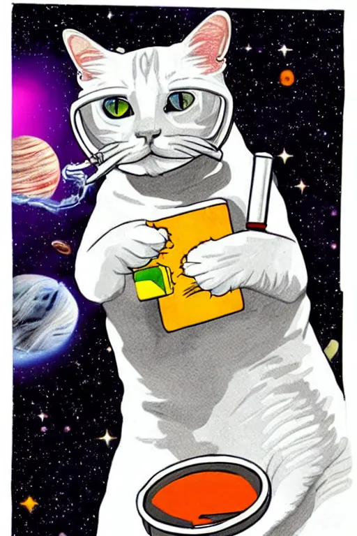 Prompt: A cat in space smoking a maragrita shaped joint