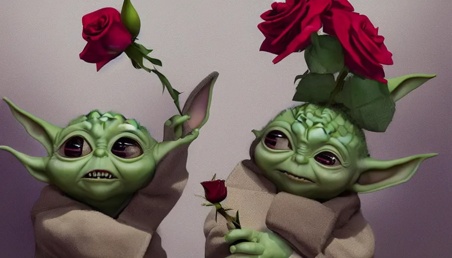 Image similar to baby yoda smiling and holding a rose, hyperdetailed, artstation, cgsociety, 8 k