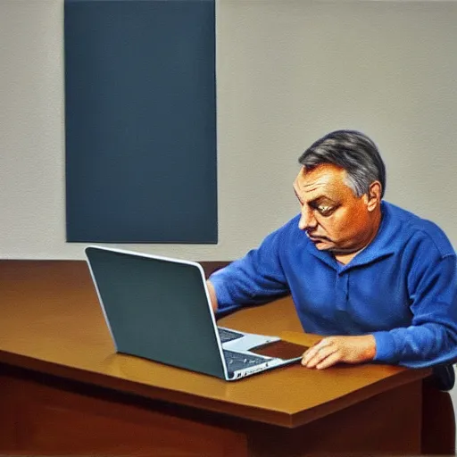 Prompt: viktor orban programming with a laptop in a cubicle, oil painting