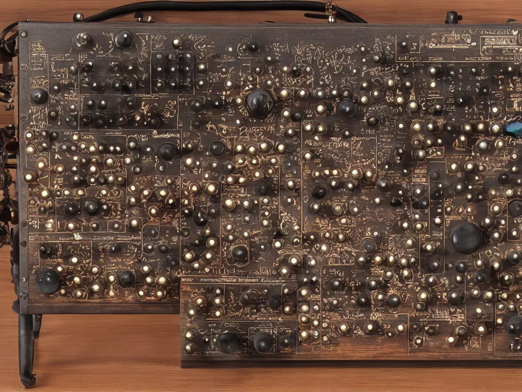 Prompt: richly decorated Victorian modular analog synthesizer with switches buttons knobs screens wires, modern, beautiful, detailed wood, photorealistic, photorealism, volumetric fog