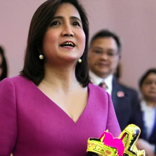 Image similar to vice-president of the Philippines, Leni Robredo, wearing pink dress, wearing a queen's crown, funko pop