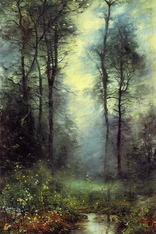 Image similar to moody painting of tiny purple morning glory flowers vining and growing in a forest dimly lit by morning light. foggy volumetric lighting, muted colour palette oil painting on canvas, john constable