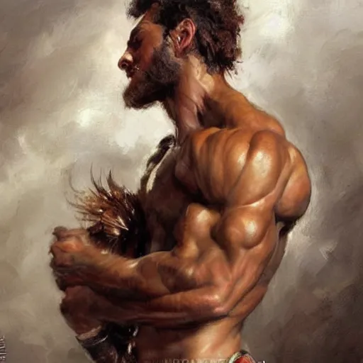 Image similar to muscular gigachad with face of shakira, by daniel gerhartz, trending on art station