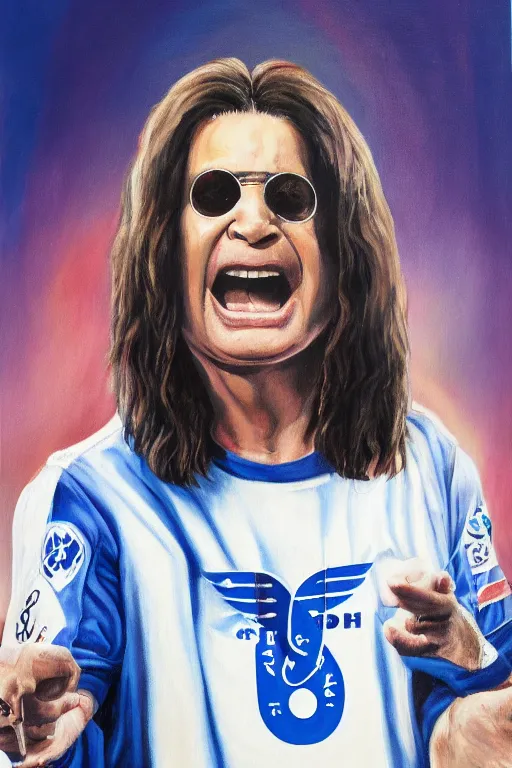 Image similar to a painting of ozzy osbourne wearing a brighton and hove albion shirt, digital art