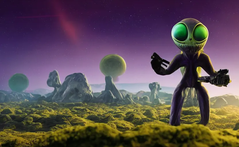 Image similar to grey alien with large black eyes holding an energy rifle on an alien planet with purple soil, green sky, blue and yellow fauna, alien creatures in the background, 3d render, Unreal Engine, octane render, ray tracing, Unity, highly detailed, high quality, HD, 4k, 8k, realistic, sharp, trending