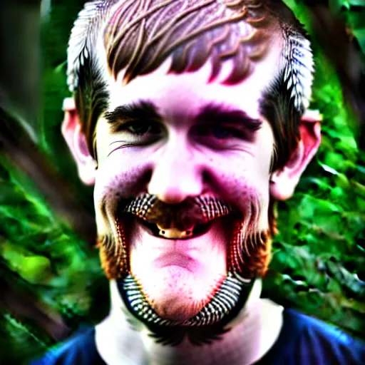 Image similar to bearded bo burnham outside of his house, smiling and dancing