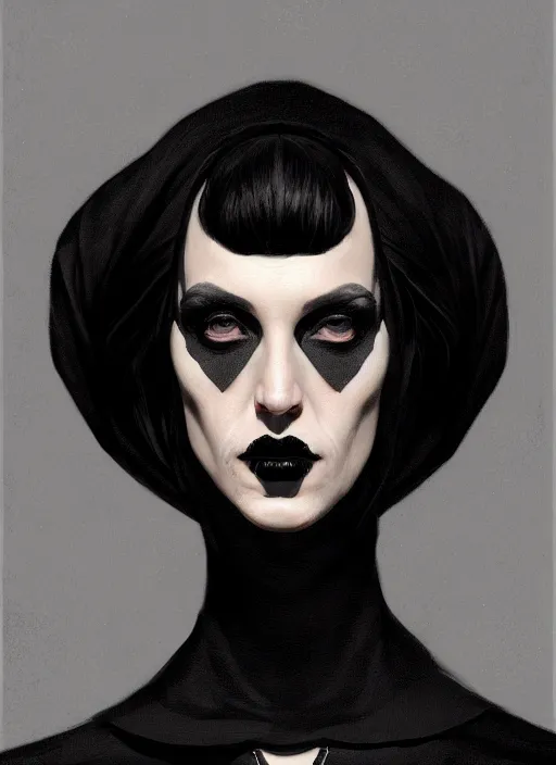 Image similar to portrait of a strange woman with a crooked nose and a confident expression, 1 9 6 0 s, black clothes, goth, punk, funk, intricate, elegant, highly detailed, digital painting, artstation, concept art, smooth, sharp focus, illustration, art by wlop, mars ravelo and greg rutkowski