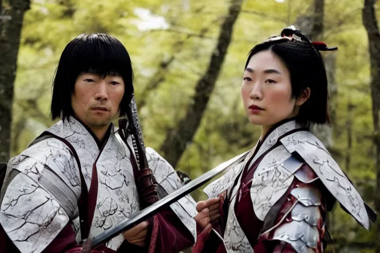 Prompt: vfx movie scene closeup japanese warrior couple, stand off, holding swords, in cherry blossom forest, natural lighting by emmanuel lubezki