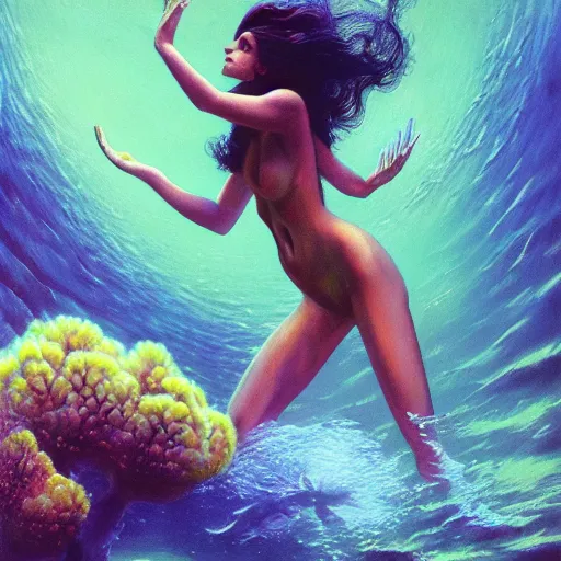 Prompt: fluid masses of psychedelic oil paints building ultra beautiful girl underwater, wayne barlow, bruce pennington, donato giancola, larry elmore, masterpiece, trending on artstation, featured on pixiv, cinematic composition, dramatic pose, beautiful lighting, sharp, details, hyper - detailed, hdr, 4 k, 8 k