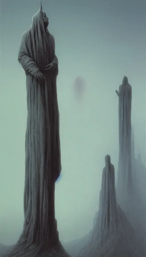 Image similar to painting of omniscient tall statues of gods towering above a hopeless person, by zdzislaw beksinski, by dariusz zawadzki, by wayne barlowe, gothic, surrealism, cosmic horror, lovecraftian, cold hue's, warm tone gradient background, concept art, beautiful composition