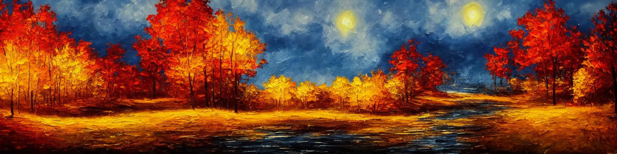 Prompt: painting of autumn landscape during night, award winning painting, beautiful, breathtaking, stunning scenery, trending on artstation, masterpiece