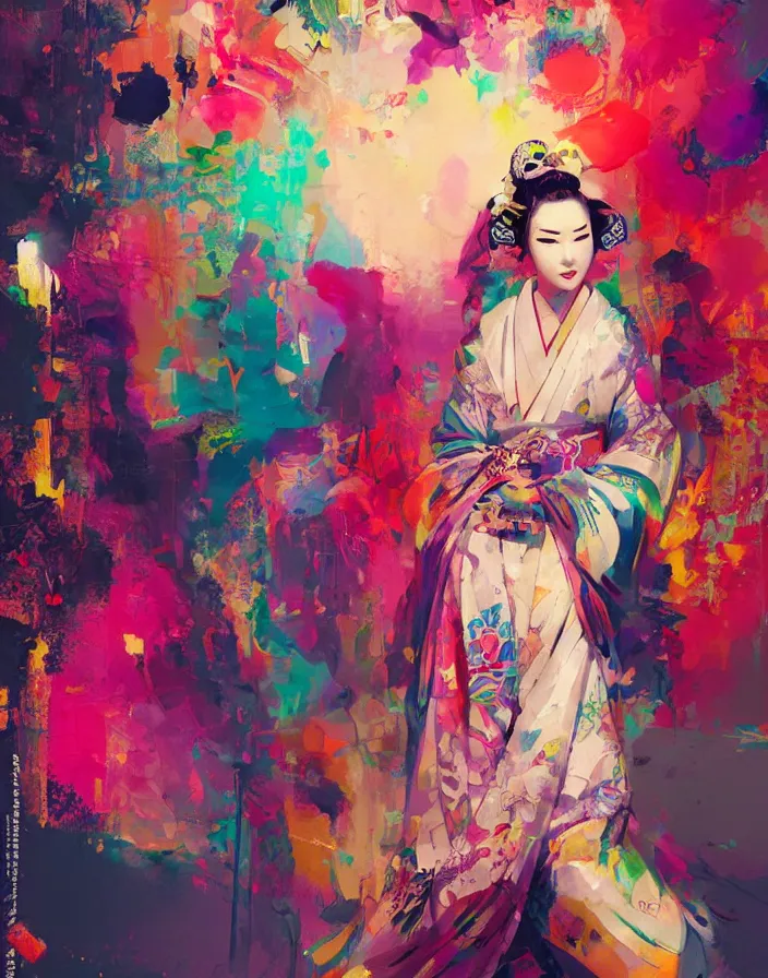 Prompt: a portrait of a geisha wearing a colorful kimono with graffiti tags, volume lighting, concept art, by greg rutkowski!!, colorful, xray melting colors!!