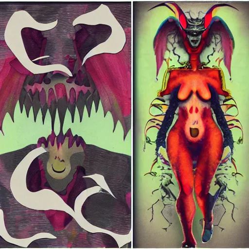 Prompt: collage artwork of monster woman