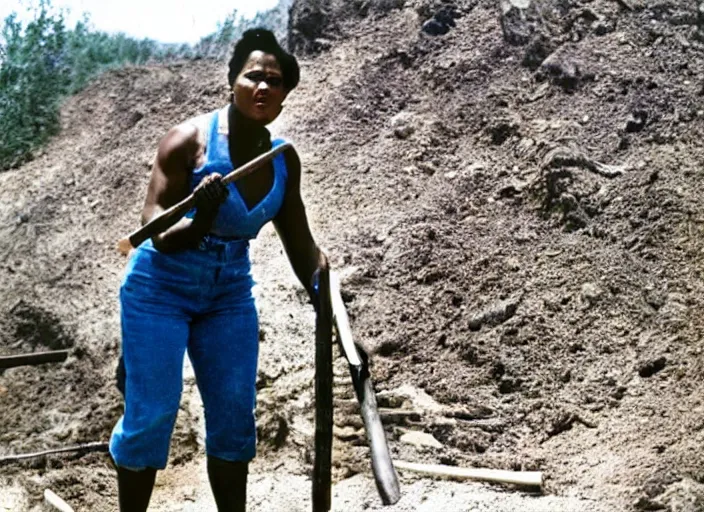 Image similar to 90's professional color photograph, A very muscular miner black woman in blue, short black hair, wielding a pickaxe in the mine.