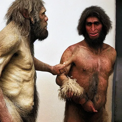 Image similar to Neanderthal meeting modern human, discovery of extant tribe of Homo neanderthalensis, Caucasus region, award-winning photography