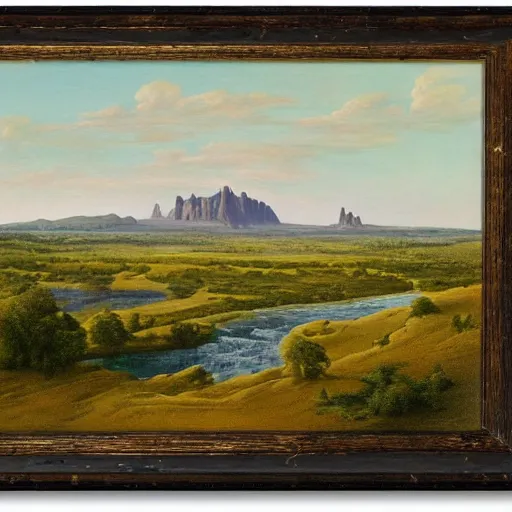 Prompt: a wide angle landscape of a prairie with a very large thin spire mountain in the distance and a wide river running in the middle of the frame with a city upon the river in the style of rococo digital painting