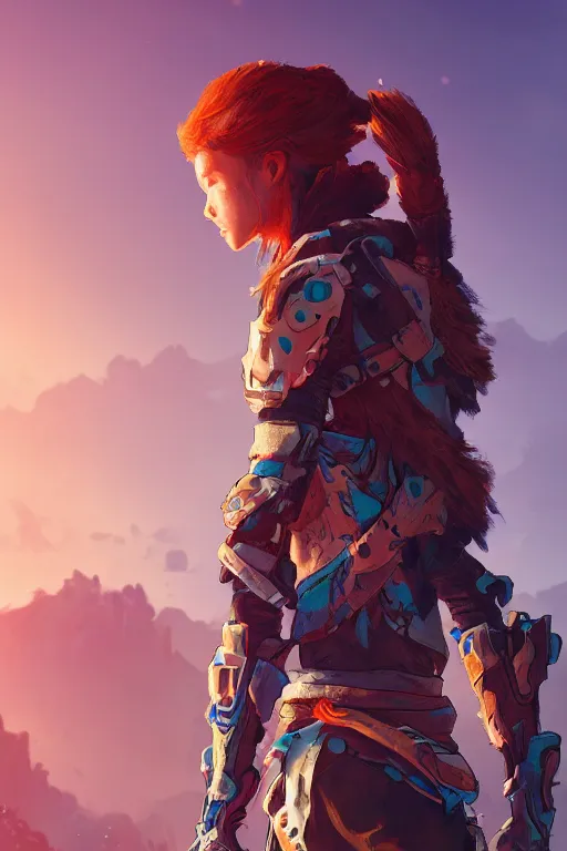 Image similar to combination suit armor aloy horizon forbidden west horizon zero dawn radiating a glowing aura global illumination ray tracing hdr fanart arstation by ian pesty and alena aenami artworks in 4 k tribal robot ninja mask helmet backpack