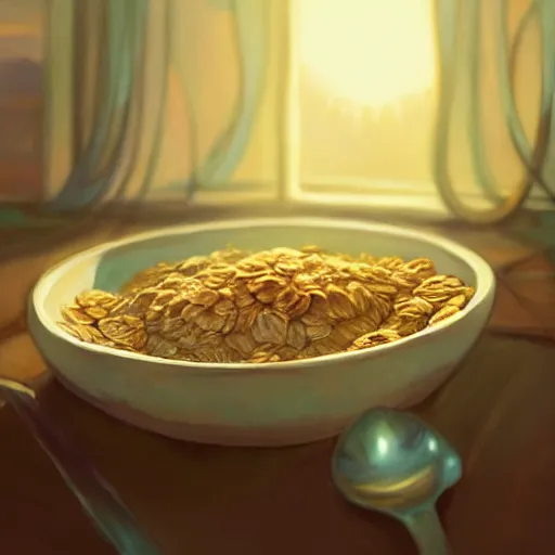 Image similar to highly detailed bowl of oatmeal mixed with cornflakes, stephen bliss, unreal engine, greg rutkowski, loish, rhads, beeple, makoto shinkai and lois van baarle, ilya kuvshinov, rossdraws, tom bagshaw, alphonse mucha, global illumination, god rays, detailed and intricate environment