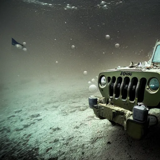 Image similar to eerie murky underwater photo of an upside - down military jeep sinking down. the jeep is inverted. bubbles. 4 k.