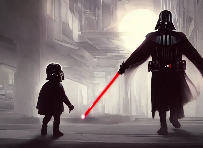 Image similar to a dramatic highly detailed render of darth vader with red lightsaber drawn facing a cute toddler with its back to the camera, futuristic star wars vibe, by WLOP and Artgerm and Greg Rutkowski and Alphonse Mucha, Beautiful dynamic dramatic dark moody lighting, shadows, cinematic atmosphere, Artstation, concept design art, Octane render, 8K, masterpiece, sharp focus, hyperrealistic
