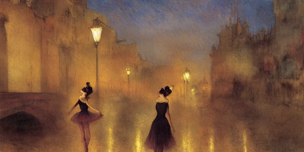 Prompt: a hiper intricate oilpainting of a beautiful ballerina walking at midnight by the light of the street lights on the lonely bridge extremely detailed, sharp focus, wide view, smooth, digital illustration, colorfull, by william turner art, by edgar degas, by edmund dulac