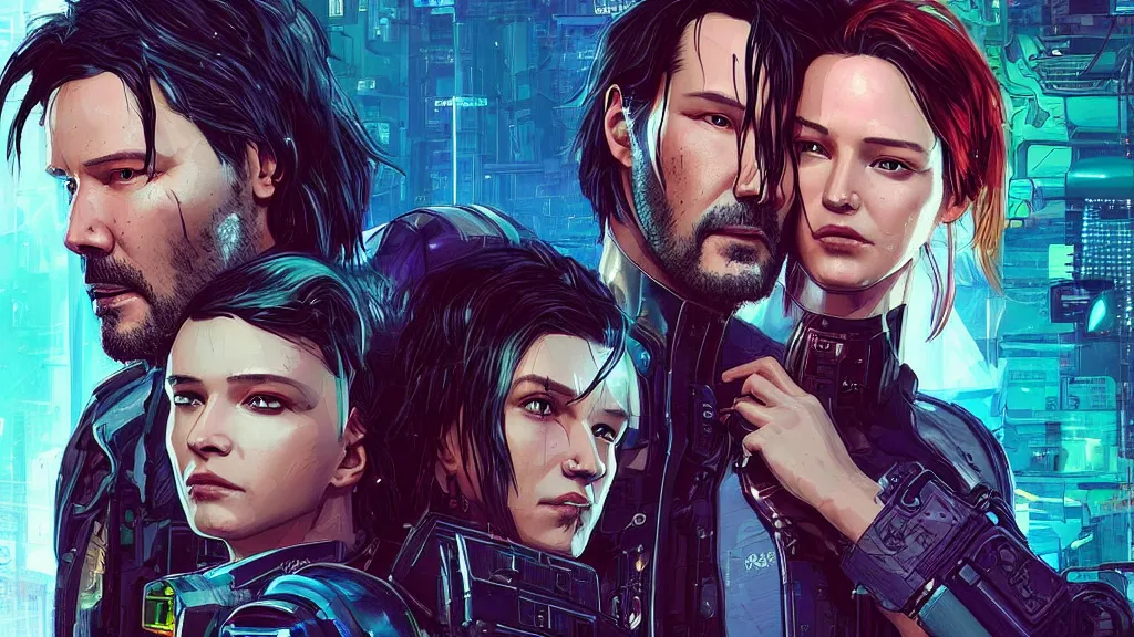 Image similar to a cyberpunk 2077 srcreenshot couple portrait of a Keanu Reeves and a female android final kiss,love,film lighting,by Laurie Greasley,Lawrence Alma-Tadema,Andrei Riabovitchev,Dan Mumford,John Wick,Speed,Replicas,artstation,deviantart,FAN ART,full of color,Digital painting,face enhance,highly detailed,8K,octane,golden ratio,cinematic lighting