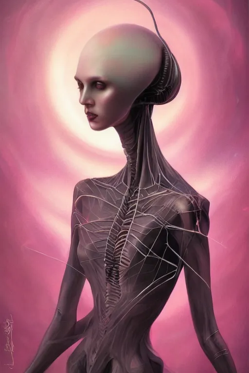 Image similar to portrait of an elegant alien spider queen, long legs, many legs, spindly legs, by artgerm, tom bagshaw, gerald brom, vaporwave colors, lo - fi colors, vaporwave, lo - fi, moody vibe, goth vibe, 4 k, hd,