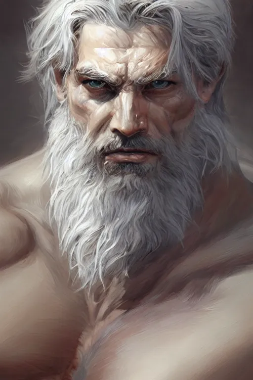 Prompt: painted portrait of rugged sephirot, god of thunder, greek god, white hair, masculine, mature, handsome, upper body, muscular, hairy torso, fantasy, intricate, elegant, highly detailed, digital painting, artstation, concept art, smooth, sharp focus, illustration, art by gaston bussiere and craig mullins