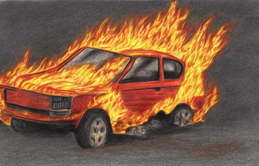 Image similar to car on fire, primitive colored pencil drawing