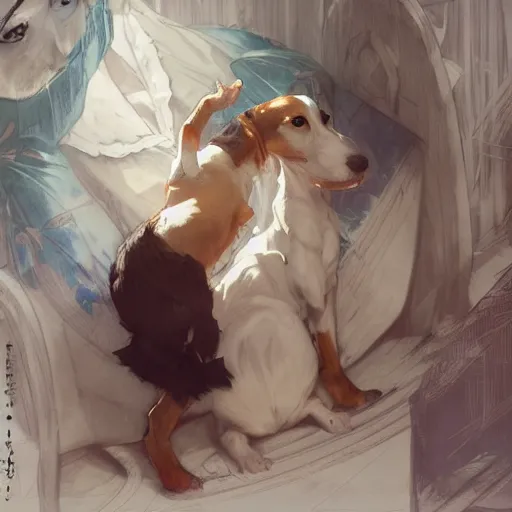 Image similar to jack russel terrier surprised, trending on art station, by krenz cushart and mucha and akihito yoshida and greg rutkowski and makoto shinkai