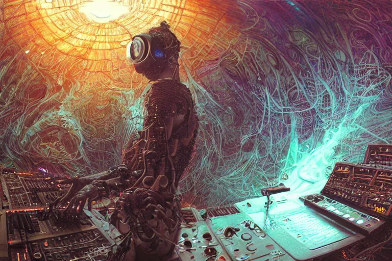 Prompt: a fisheye lens photo of a post apocalyptic tribal cyborg dj tweaking and playing synthesizers in the most complicated and technical spiral fractal musical studio, powerful, cinematic, beautifully lit, by donato giancola, by artgerm, by karol bak, 3 d, perfect face and body, trending on artstation, octane render, 8 k