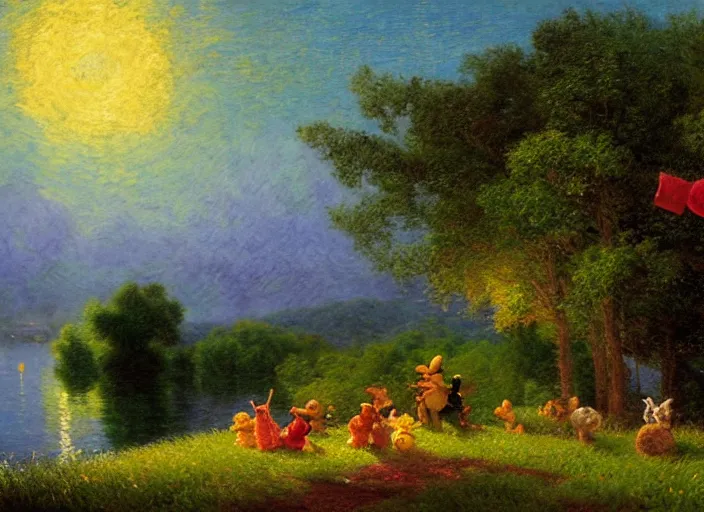 Image similar to romanticism impressionism landscape painting of winnie the pooh characters at night, night time, colorful paper lanterns, in the style of hudson river school and thomas cole and albert bierstadt and robert duncanson and vincent van gogh and claude monet