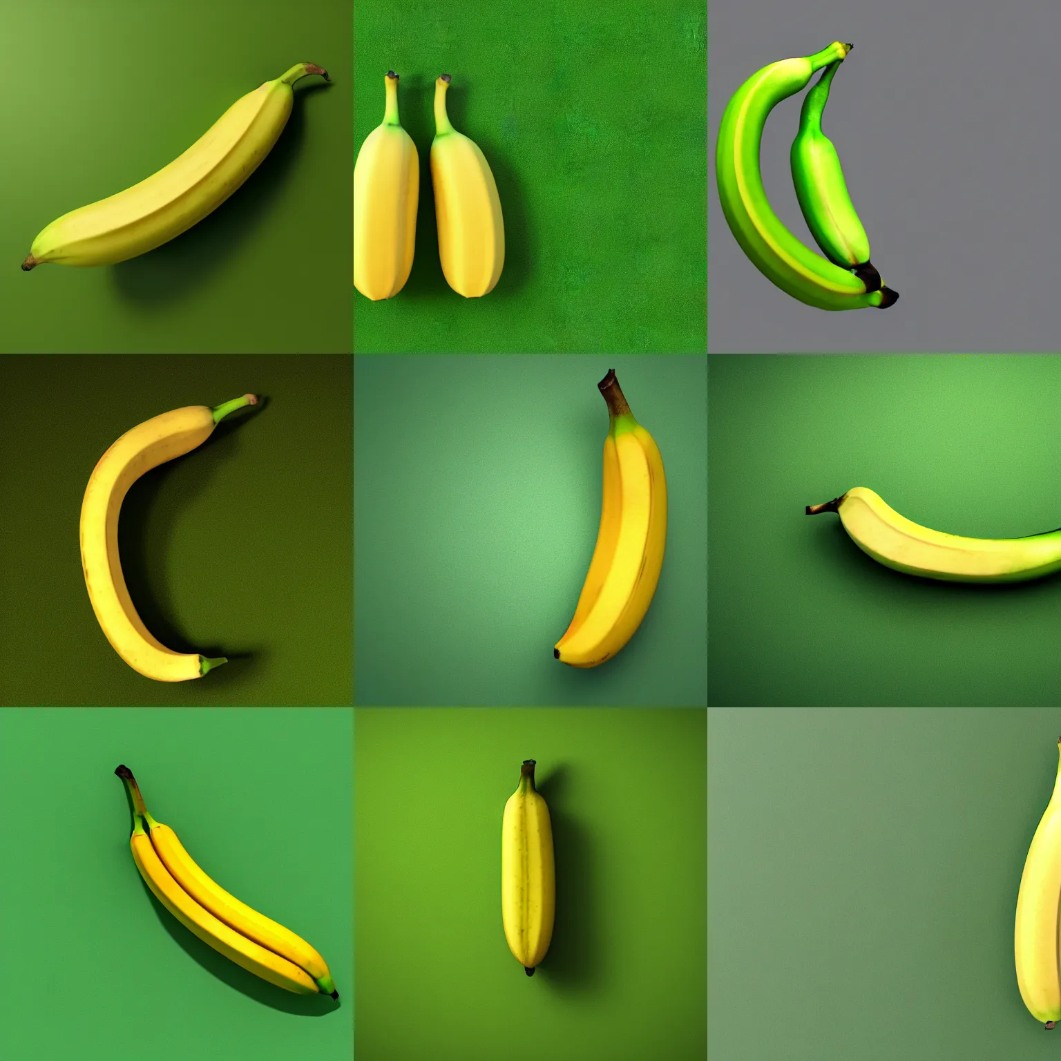 Prompt: 3D render of a banana on a green background