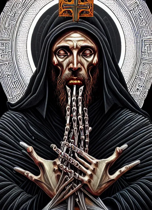 Image similar to hyper detailed ultra sharp orthodox evil jesus icon, biomechanical, tormented man, trending on artstation, byzantine aesthetic, doom, religious, sinister, ornate, intricate, digital painting, concept art, smooth, sharp focus, illustration, art by josan gonzalez, greg rutkowski, killian eng and zdizslaw beksinski