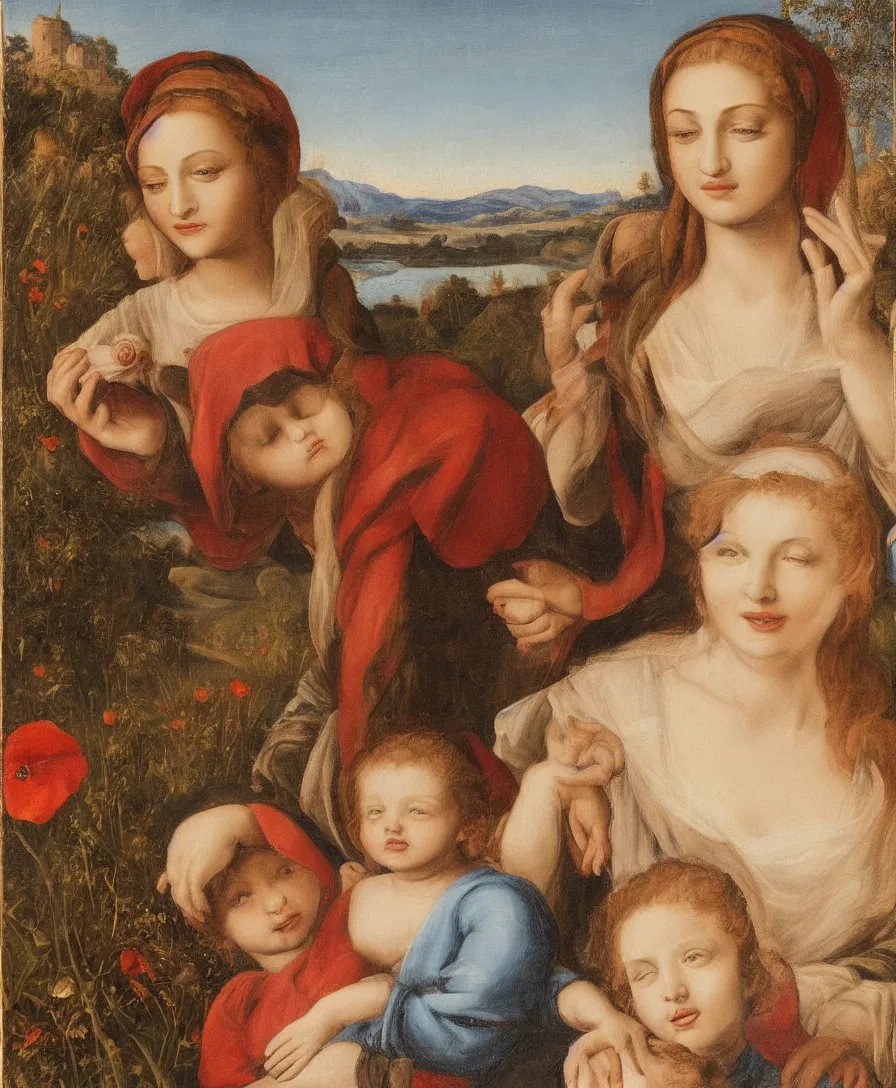 Image similar to Detailed Portrait of Madonna, with infant Jesus and another boy playin in front of her in the style of Raffael. Red hair. They are sitting in a dried out meadow near in Tuscany, red poppy in the field. On the horizon there is a blue lake with a town and blue mountains. Flat perspective.