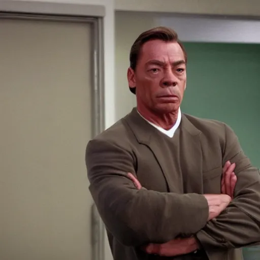 Prompt: Jean Claude Vandamme as Stanley on the office, cinematic still, high quality,