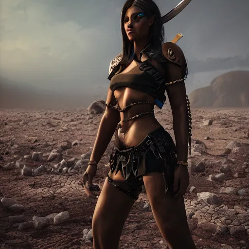 Prompt: beautiful warrior woman, standing in a barren wasteland, futuristic, photo - realistic, ray tracing, 3 d shading, octane render, popular on art station