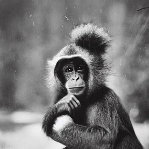 Prompt: an old photo of a monkey wearing a north face puffer jacket