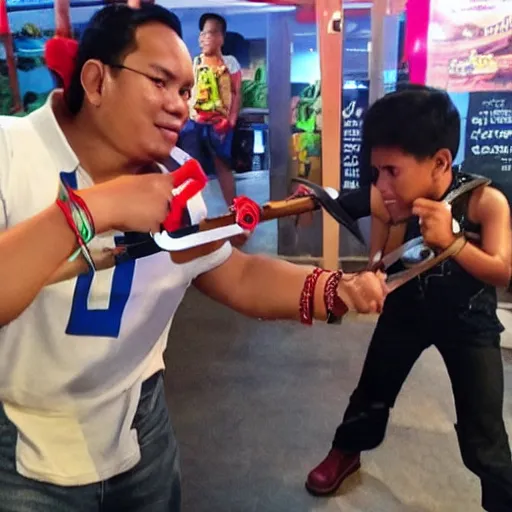 Prompt: Filipino Terminator clashing swords with Dutch Undertale Fan