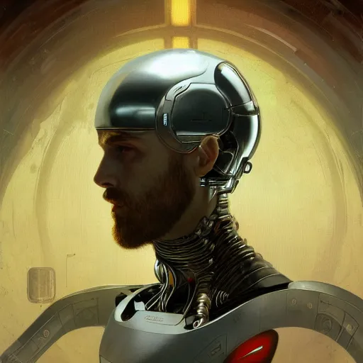 Image similar to portrait of bearded android, coy, circuitry visible in head, in the style of ex machina, karol bak, alphonse mucha, greg rutkowski, award winning, hr giger, artstation