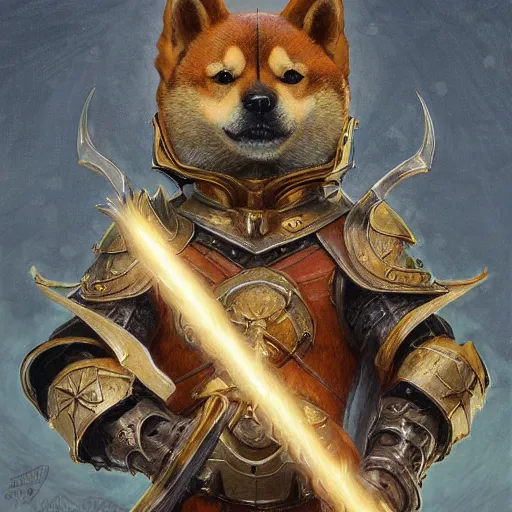 Image similar to anthropomorphic shiba inu, holy paladin armor, holding dragon slayer sword and shield, fantasy, holy light, portrait art by donato giancola and greg rutkowski, realistic face, visible holy aura, digital art, trending on artstation, symmetry