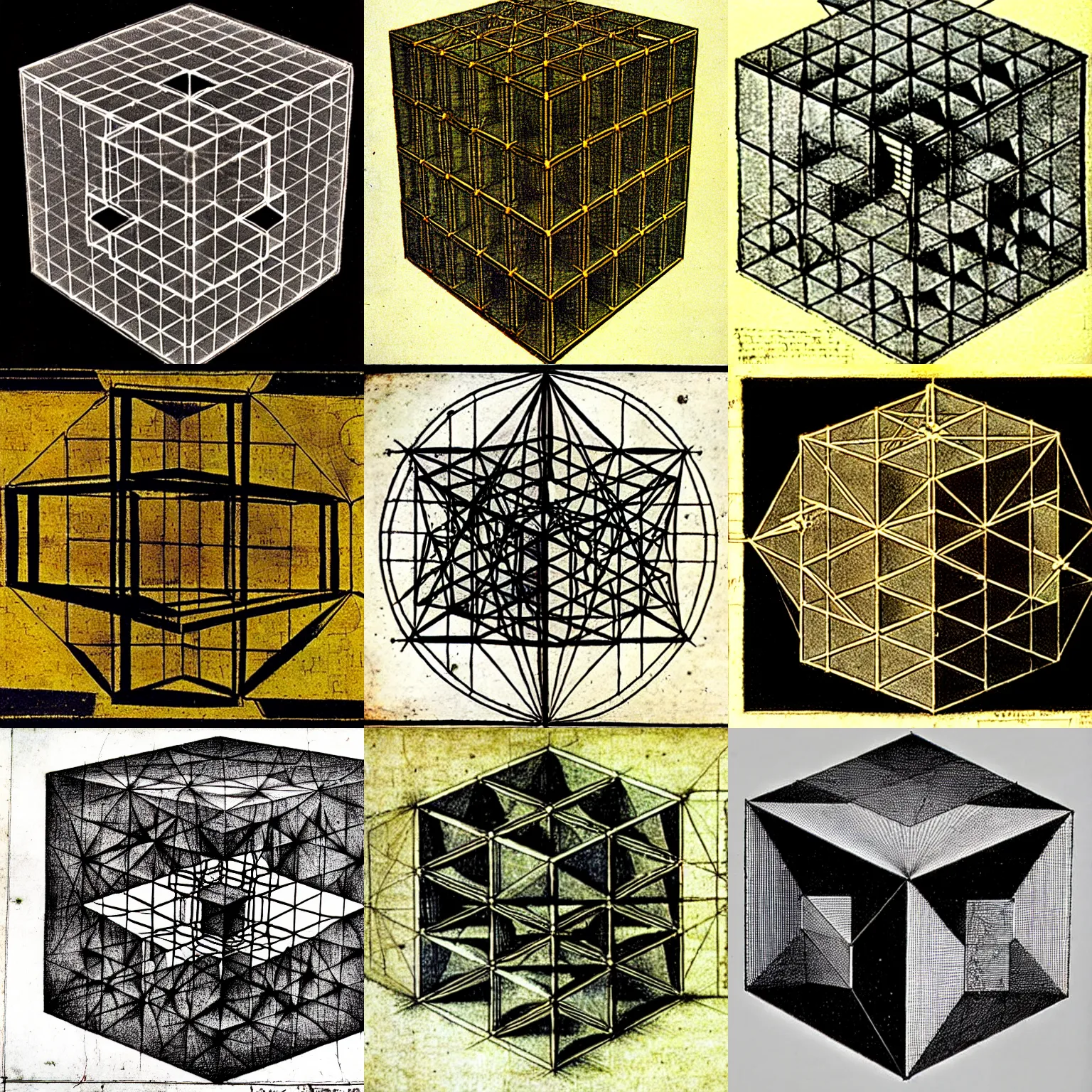 Prompt: a diagram of a 4 - dimensional hypercube by leonardo da vinci